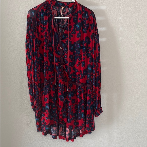 Free People Red and Blue Bishop Sleeve Sundress Merlot love letter combo small S - Picture 3 of 16